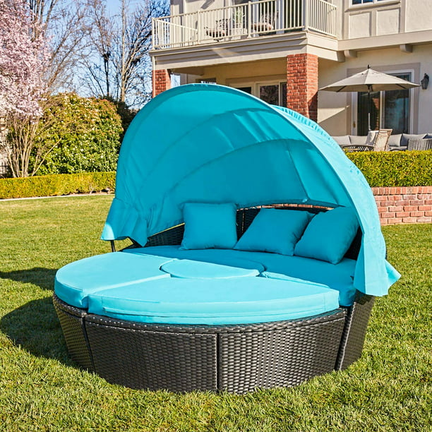 Blue Cushion Wicker Rattan Sofa Set Waterproof Cushions Backyard Lawn Garden Pool Porch FLIEKS Outdoor Patio Round Daybed Furniture with Retractable Canopy and Coffee Table